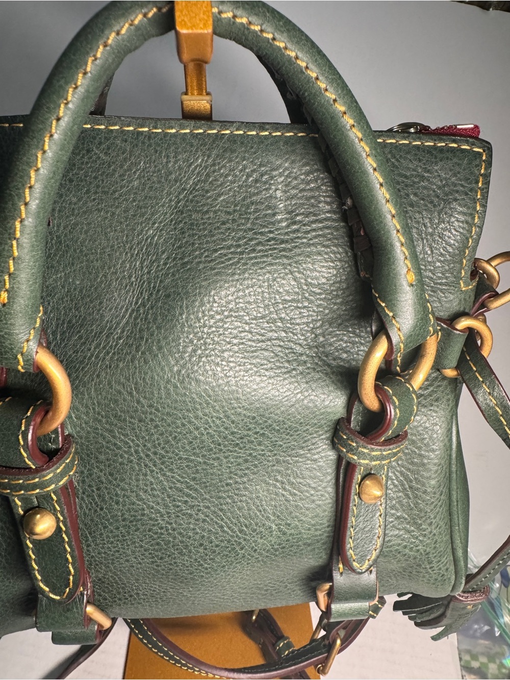 Dooney & Bourke Forest Green Leather Mini micro Florentine Satchel with Red Trim - Picture 8 of 10